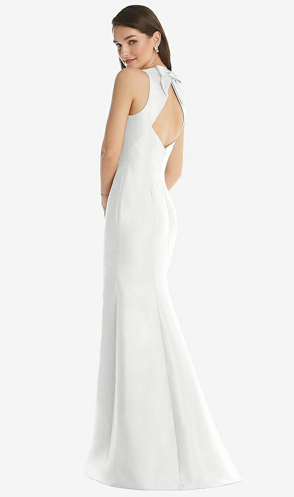 Back View - White Jewel Neck Bowed Open-Back Trumpet Dress with Front Slit