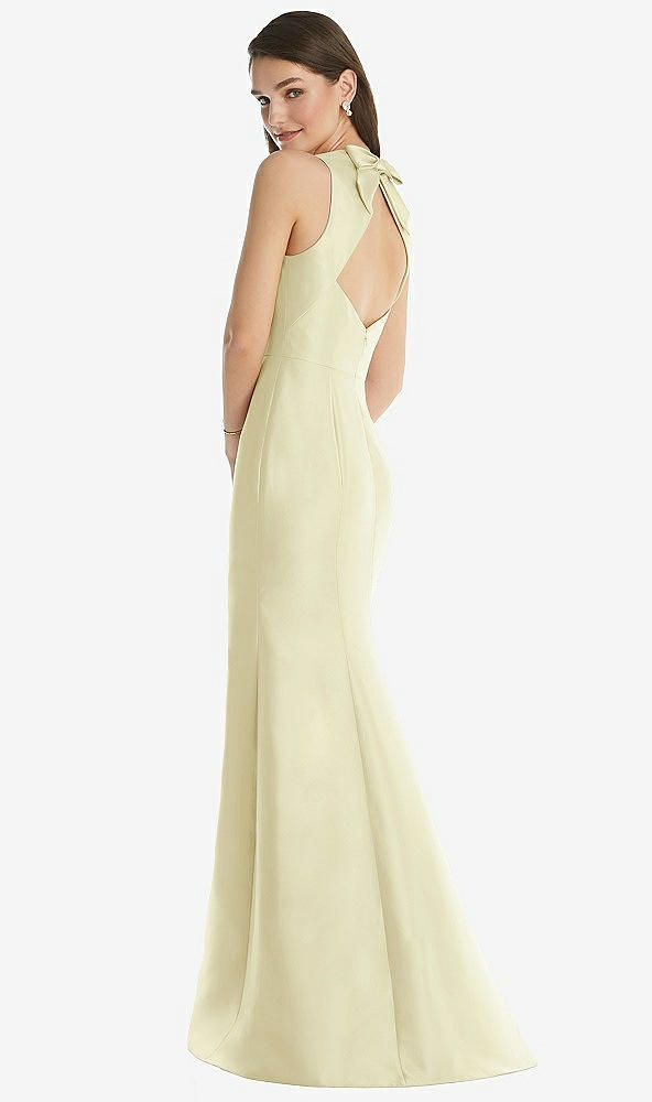Back View - Butter Yellow Jewel Neck Bowed Open-Back Trumpet Dress 