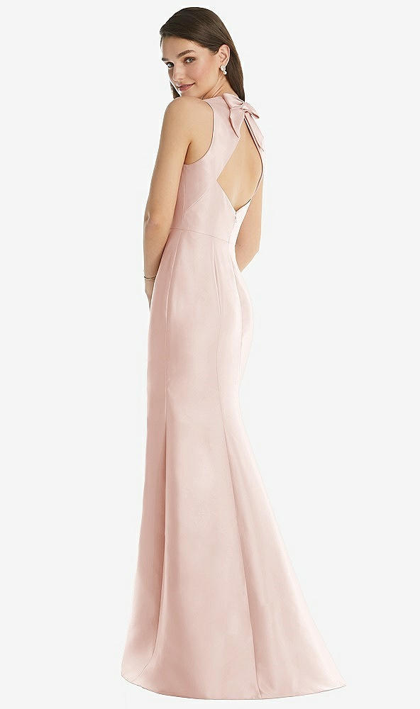 Back View - Blush Jewel Neck Bowed Open-Back Trumpet Dress 
