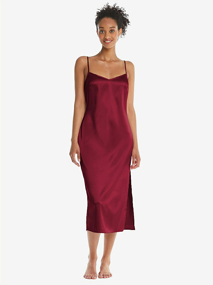 Front View - Burgundy Midi Stretch Satin Slip with Adjustable Straps - Asley
