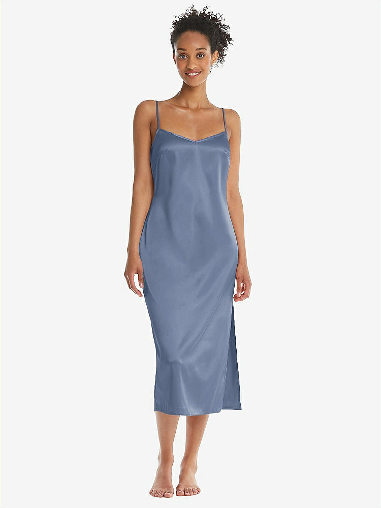 Front View - Larkspur Blue Midi Stretch Satin Slip with Adjustable Straps - Asley