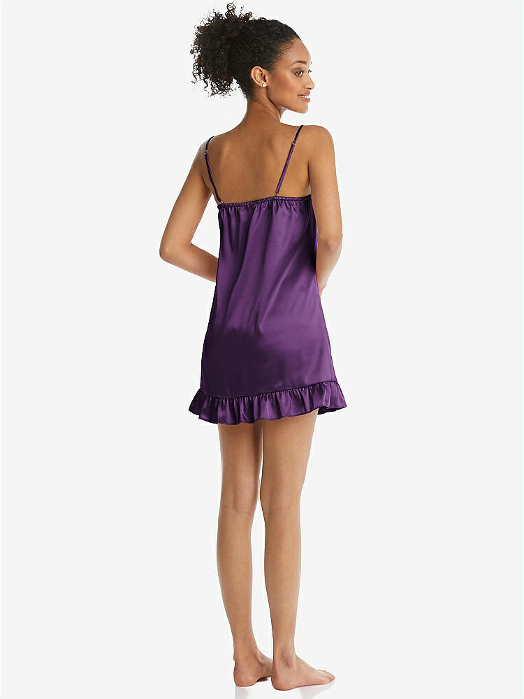 Back View - African Violet Ruffled Hem Mini Stretch Satin Slip with Keyhole Neck - Jordan