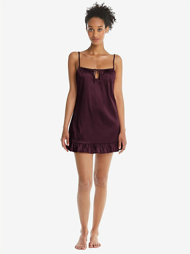 Front View - Bordeaux  Ruffled Hem Mini Stretch Satin Slip with Keyhole Neck - Jordan