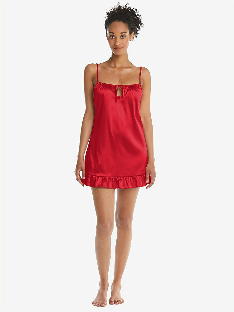Front View - Parisian Red  Ruffled Hem Mini Stretch Satin Slip with Keyhole Neck - Jordan