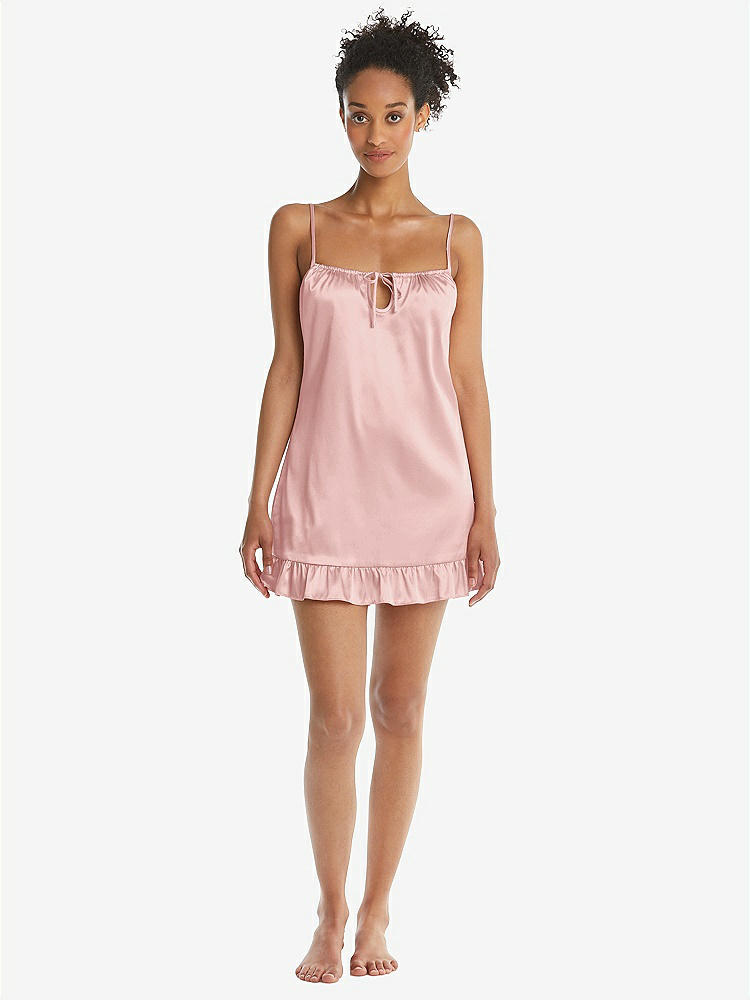 Front View - Rose  Ruffled Hem Mini Stretch Satin Slip with Keyhole Neck - Jordan