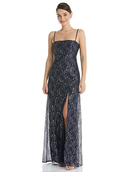 Metallic Lace Trumpet Dress with Adjustable Spaghetti Straps