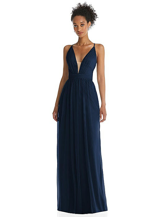 Illusion Deep V-Neck Tulle Maxi Dress with Adjustable Straps