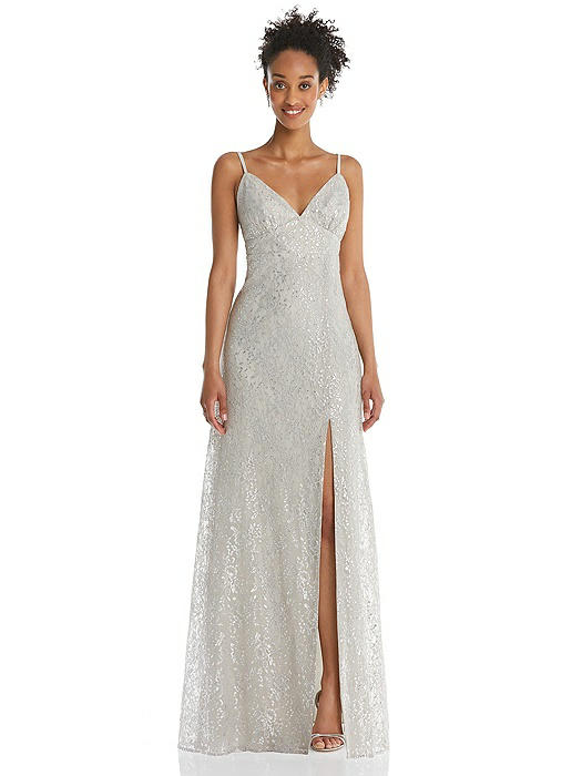 V-Neck Metallic Lace Maxi Dress with Adjustable Straps