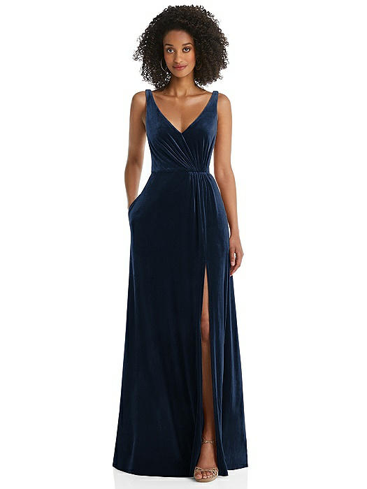 Velvet Maxi Dress with Shirred Bodice and Front Slit