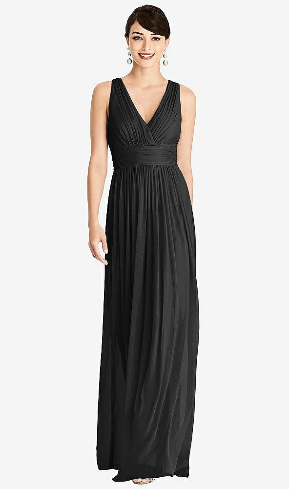 Front View - Black Shirred Wrap Bodice Twist Back Maxi Dress