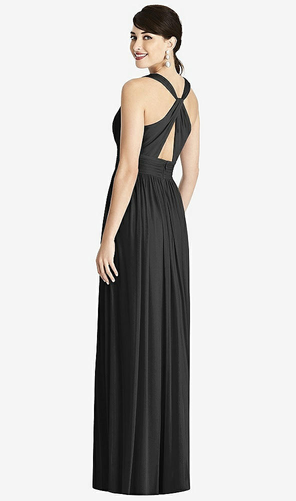 Back View - Black Shirred Wrap Bodice Twist Back Maxi Dress