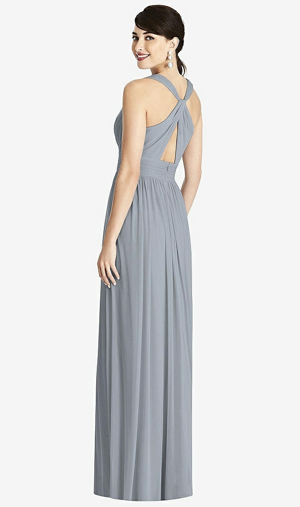 Back View - Platinum Shirred Wrap Bodice Twist Back Maxi Dress
