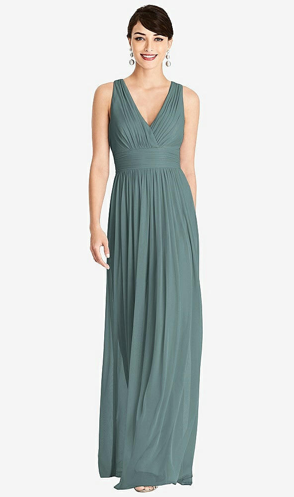 Front View - Smoke Blue Shirred Wrap Bodice Twist Back Maxi Dress