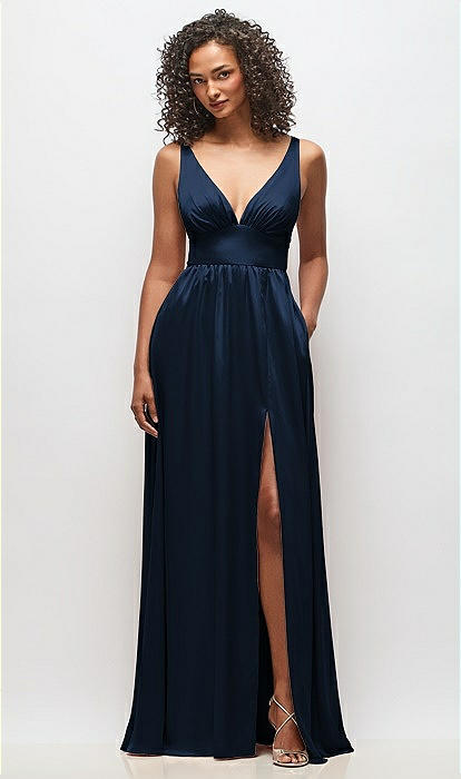 Deep V-neck Shirred Skirt Maxi Bridesmaid Dress With Convertible