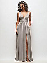 Front View Thumbnail - Taupe Deep V-Neck Shirred Skirt Maxi Dress with Convertible Straps