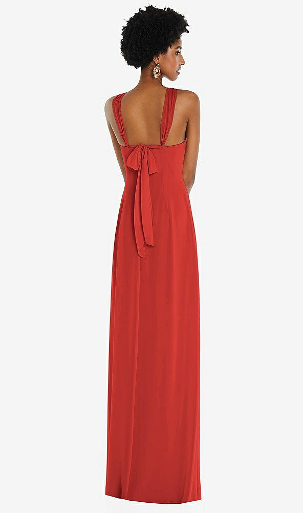 Back View - Poppy Red Draped Chiffon Grecian Column Gown with Convertible Straps