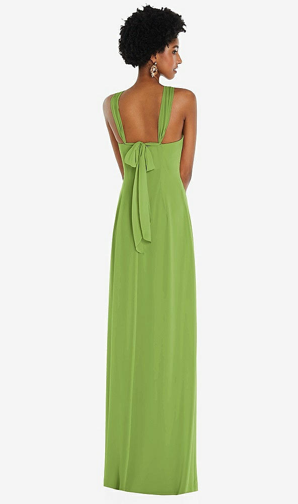 Back View - Peridot Green Draped Chiffon Grecian Column Gown with Convertible Straps