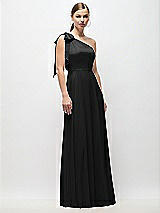 Front View Thumbnail - Black Draped One-Shoulder Maxi Dress with Scarf Bow