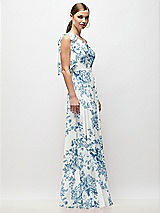 Side View Thumbnail - Cottage Rose Dusk Blue Draped One-Shoulder Maxi Dress with Scarf Bow
