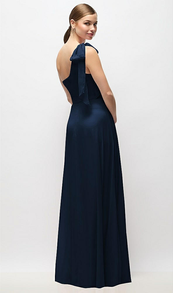 Back View - Midnight Navy Draped One-Shoulder Maxi Dress with Scarf Bow
