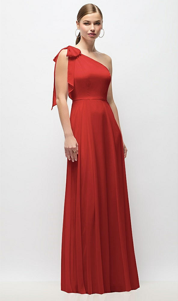 Front View - Poppy Red Draped One-Shoulder Maxi Dress with Scarf Bow