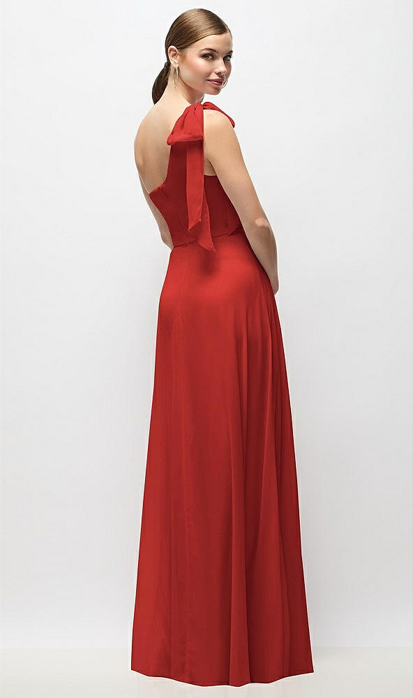 Back View - Poppy Red Draped One-Shoulder Maxi Dress with Scarf Bow