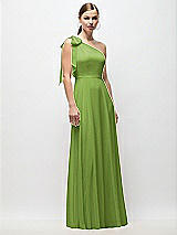 Front View Thumbnail - Peridot Green Draped One-Shoulder Maxi Dress with Scarf Bow