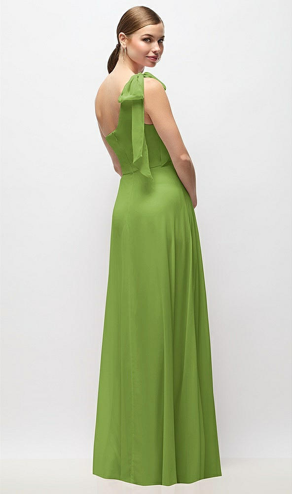 Back View - Peridot Green Draped One-Shoulder Maxi Dress with Scarf Bow