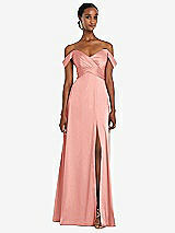 Alt View 1 Thumbnail - Rose Off-the-Shoulder Flounce Sleeve Empire Waist Gown with Front Slit
