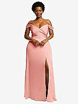 Front View Thumbnail - Rose Off-the-Shoulder Flounce Sleeve Empire Waist Gown with Front Slit