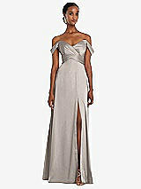 Alt View 1 Thumbnail - Taupe Off-the-Shoulder Flounce Sleeve Empire Waist Gown with Front Slit