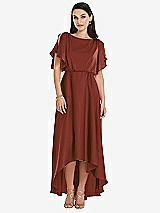 Front View Thumbnail - Auburn Moon Blouson Bodice Deep V-Back High Low Dress with Flutter Sleeves