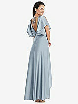 Rear View Thumbnail - Mist Blouson Bodice Deep V-Back High Low Dress with Flutter Sleeves
