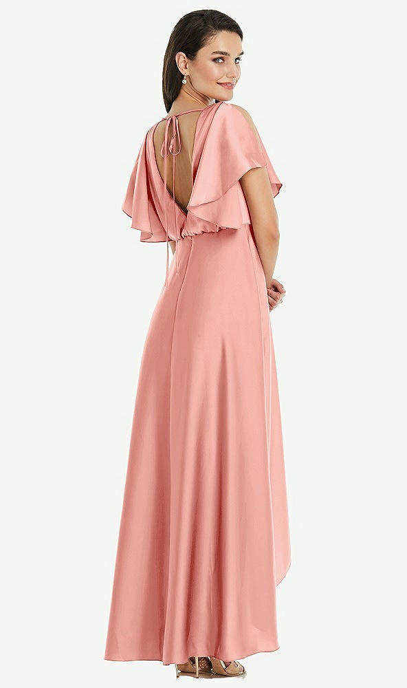 Back View - Rose Blouson Bodice Deep V-Back High Low Dress with Flutter Sleeves