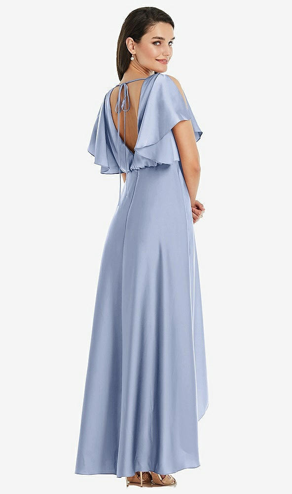 Back View - Sky Blue Blouson Bodice Deep V-Back High Low Dress with Flutter Sleeves
