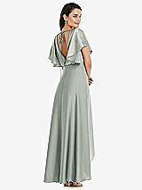 Rear View Thumbnail - Willow Green Blouson Bodice Deep V-Back High Low Dress with Flutter Sleeves
