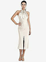 Front View Thumbnail - Ivory Scarf Tie Stand Collar Midi Bias Dress with Front Slit