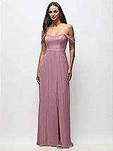Front View Thumbnail - Dusty Pink Off-the-Shoulder Basque Neck Maxi Dress with Flounce Sleeves
