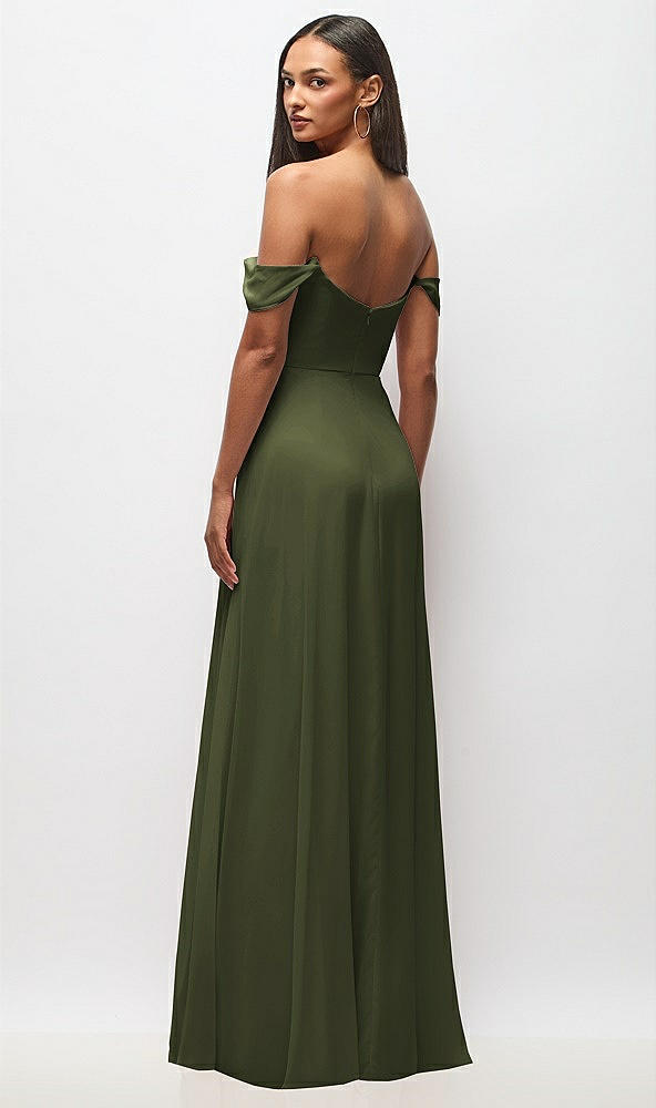 Back View - Olive Green Off-the-Shoulder Basque Neck Maxi Dress with Flounce Sleeves