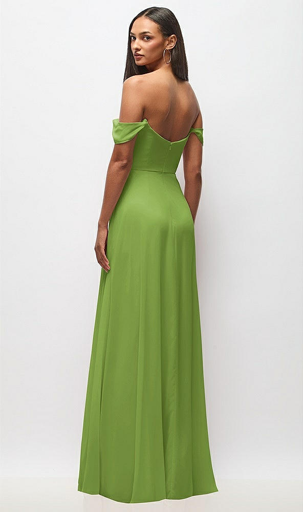 Back View - Peridot Green Off-the-Shoulder Basque Neck Maxi Dress with Flounce Sleeves