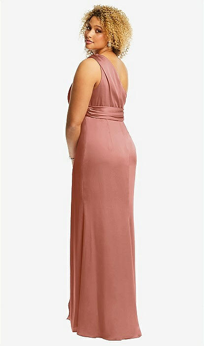 One-shoulder Draped Twist Empire Waist Trumpet Bridesmaid Dress In Desert Rose | The Dessy Group One-shoulder Draped Twist Empire Waist Trumpet Bridesmaid Dress In Desert Rose | The Dessy Group