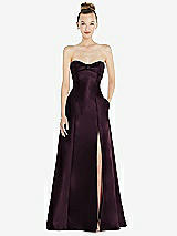 Front View Thumbnail - Deep Plum Bow Cuff Strapless Satin Ball Gown with Pockets