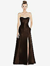 Front View Thumbnail - Espresso Bow Cuff Strapless Satin Ball Gown with Pockets