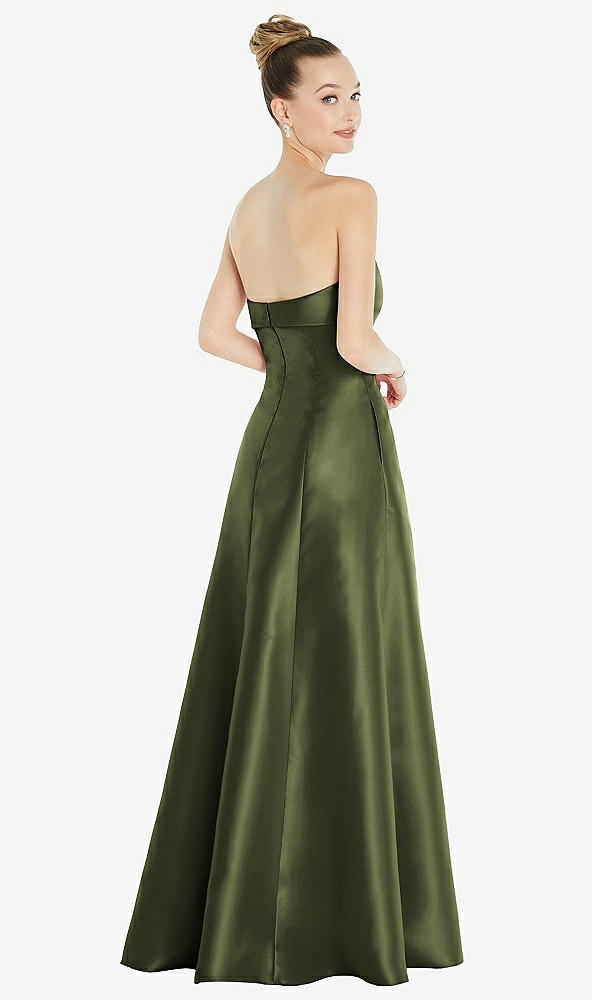 Back View - Olive Green Bow Cuff Strapless Satin Ball Gown with Pockets
