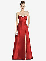 Front View Thumbnail - Poppy Red Bow Cuff Strapless Satin Ball Gown with Pockets