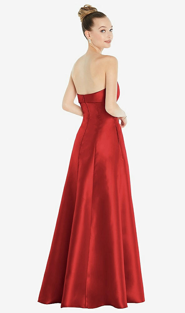 Back View - Poppy Red Bow Cuff Strapless Satin Ball Gown with Pockets