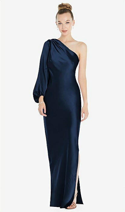 One-shoulder Puff Sleeve Maxi Bias Bridesmaid Dress With Side Slit In  Midnight Navy