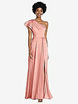 Front View Thumbnail - Rose Draped One-Shoulder Flutter Sleeve Maxi Dress with Front Slit