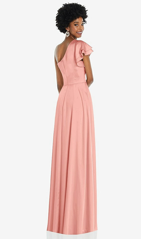 Back View - Rose Draped One-Shoulder Flutter Sleeve Maxi Dress with Front Slit