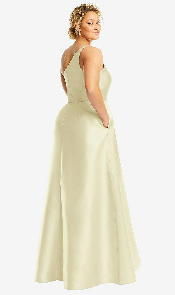 Back View - Butter Yellow One-Shoulder Satin Gown with Draped Front Slit and Pockets